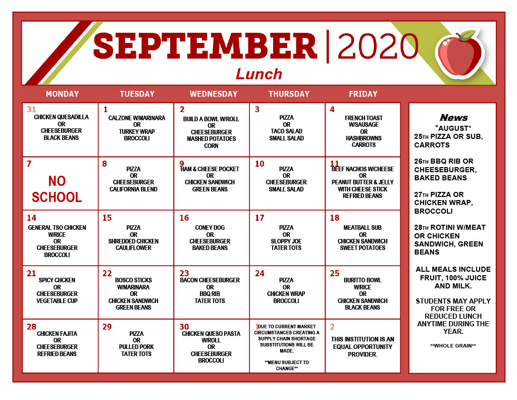 free online school lunch menu calendar